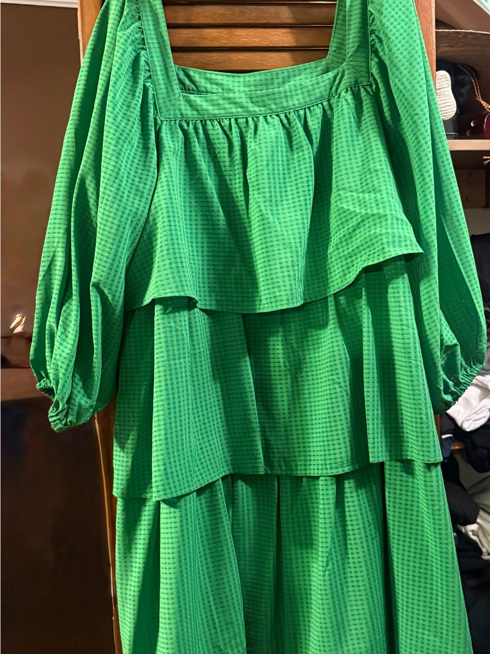 Tiered Green Square-Neck Dress